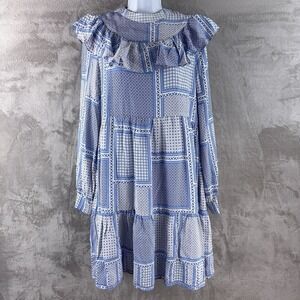 By Malina Malva Dress Womens Size Medium Blue White Patchwork Ruffle Long Sleeve
